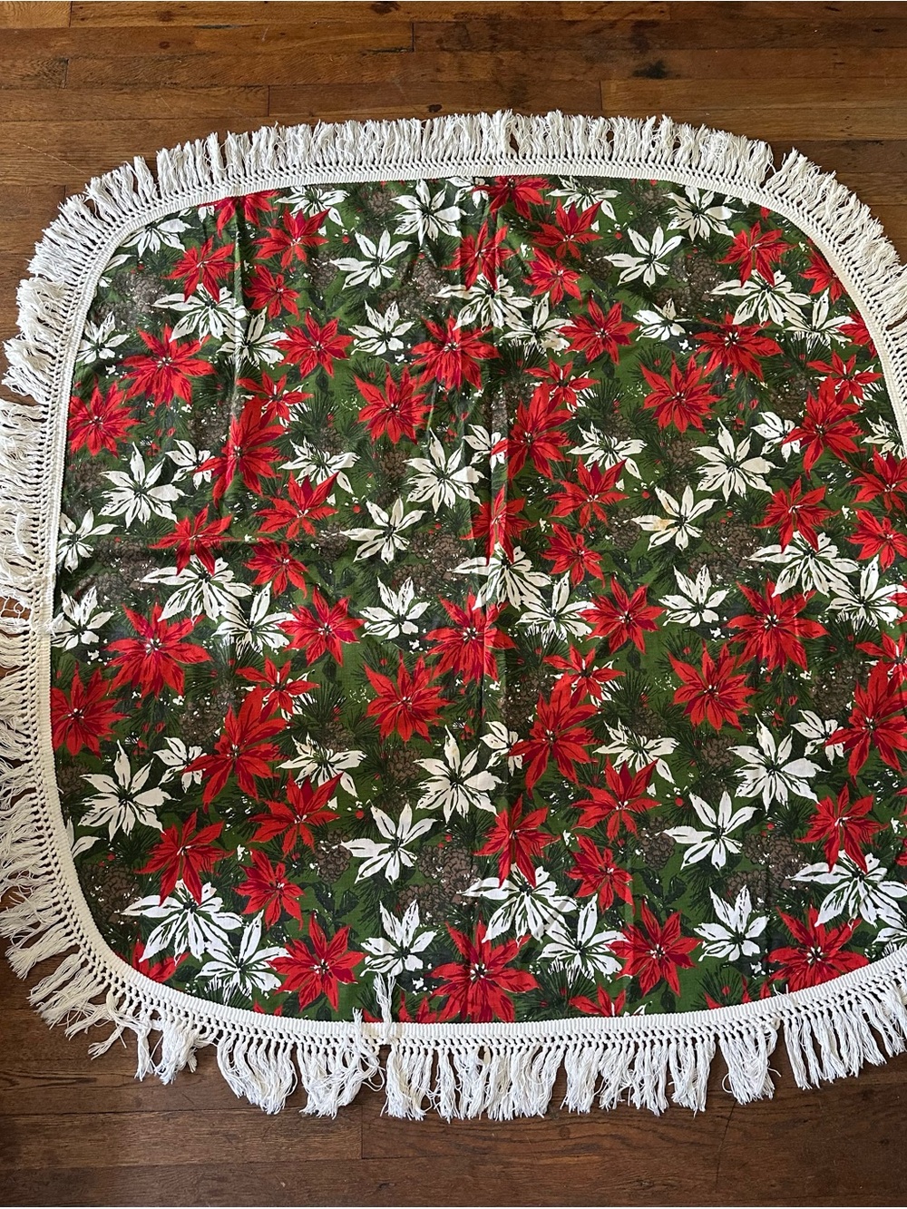 VTG Christmas Tablecloth 1960’s Red Poinsettia Holly Pinecones Fringe Square
